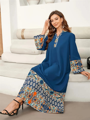 Paisley Print V-neck Kaftan Dress, Elegant Long Sleeve '/MH