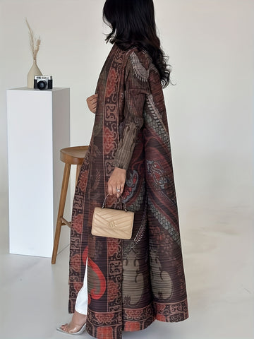 Women's Middle Eastern Abaya Kaftan - Floral Print Ruched Long Robe, Plus Size Loose Fit Breathable Stretchy Fabric for Spring Summer Fall, Casual & Formal Wear, Seasonal Layering Piece, Highelasticity Fabric
