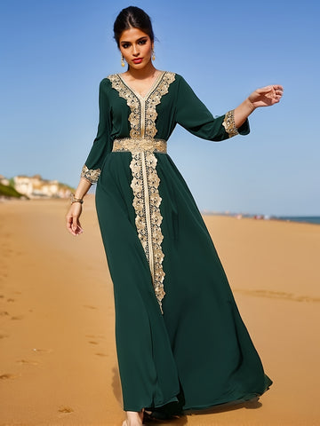Ramadan Lace Trim V Neck Kaftan, Elegant Long Sleeve 'MH