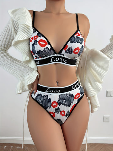 Heart Print Bra & Panty, Breathable Bra & Panties Lingerie Set,/MH