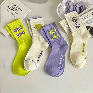 4 Pairs Face & Letter Graphic Socks, Stylish & Breathable Mid Tube Socks, Women's Stockings & Hosiery