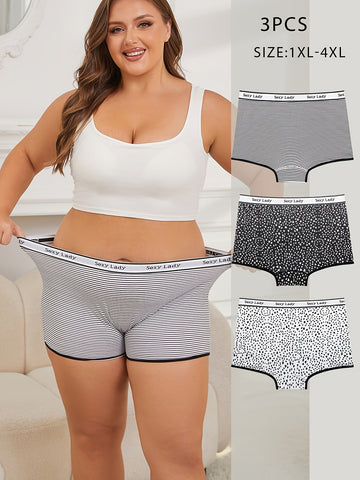 3pcs Plus Size Spotted Boyshort Panties, Comfy & Breathable Stretch Panties, /MH