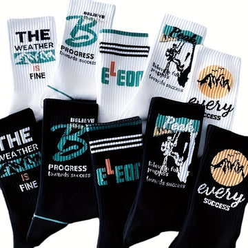 5/10 Pairs Of Men's Trendy Graffiti Letter Pattern Crew Socks, Breathable Comfy Casual Unisex Socks For Men's Outdoor Wearing