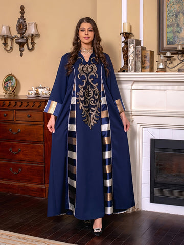Oriented Spot Middle East Dubai Muslim Women's Abaya Long Dress with Stand Collar, Regular Fit, Ultra-Thick Texture, Super Soft Straight Sleeve Hand- Floral Patchwork Craftsmanship, Lightweight Elegant Arab Garment Jilbab Tur