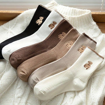 5 Pairs of Adorable Cartoon Bear Pattern Mid Tube Socks - Soft, Breathable, and Comfortable Knit Fabric - Hand Washable, Perfect for Womens Stockings and Hosiery