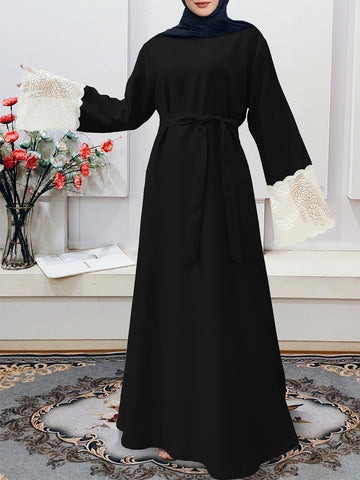 Contrast Lace Crew Neck Kaftan Abaya, /MH