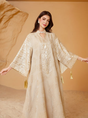 Women's Middle Eastern Jalabiya Abaya Dress - V-Neck Long Sleeve with Lace Embroidery & Beaded Details, Breathable Lightweight Fabric for Eid al-Adha, Ramadan, Turkish Festival Parties - Spring/Summer Evening Gown, Muslim Dre