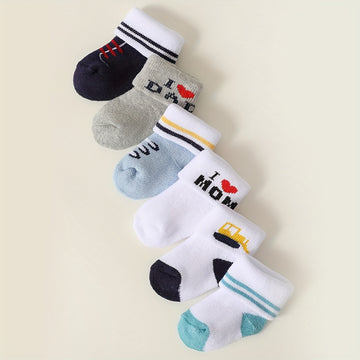 6/12 Pairs Baby Socks - Soft Warm Winter Socks with Cute Candy Colors, "I Love Mom" & "I Love Dad" Designs, Unisex Infant Socks for Boys & Girls, Hand Wash Only, Autumn & Winter Essentials, Baby Socks, Cozy Babywear, Playful