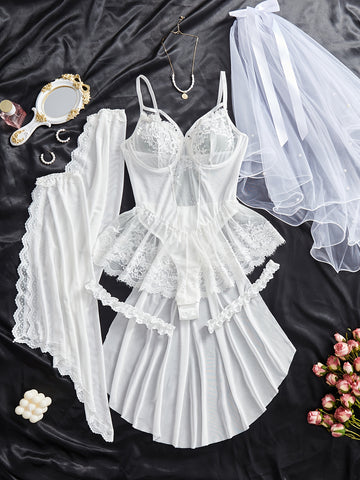 Solid Floral Lace Lingerie Set, Sexy Semi Sheer Ruffle Lace Bodysuit & Sleeves'/MH