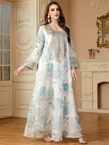 Ramadan Muslim Women's Floral Print Abaya Sequins Patchwork Loose Kaftan Elegant Casua Dresses