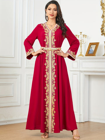 Contrast Lace V-neck Kaftan Dress, Elegant Long Sleeve'/MH