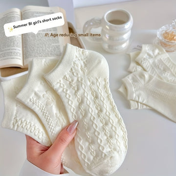 5 Pairs, White JK Socks, Women's Short Socks, Thin Summer Style, Ins Trendy and Cute Hollow Mesh Breathable Student Boat Socks