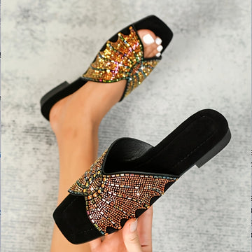 2025 Spring Summer New Arrival Flat Heel Slip-on Square Toe Solid Color Plastic Upper Synthetic Faux Leather Inner Flannel Insole TPR Sole Beach Shoes Casual Women'S Shoes for Middle East, Ramada