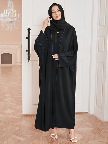 Elegant Contrast Trim Two-piece Set, Open Fron& Khimar Hijab,/MH