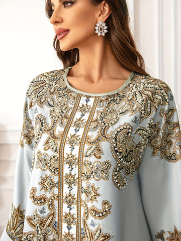 Women's Middle Eastern Abaya Jellabiya Dress - Floral Print Long Sleeve Elegant Traditional Robe with Lace Trim, All-Season Regular Fit Modest Dress for Casual & Formal Occasions, Decorative Trim Detailing