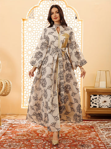 Dubai Floral Embroidery Belted Dress Belt included Lantern Sleeve Maxi Abayas Luxury Woman Evening Dresses Kaftan 2025