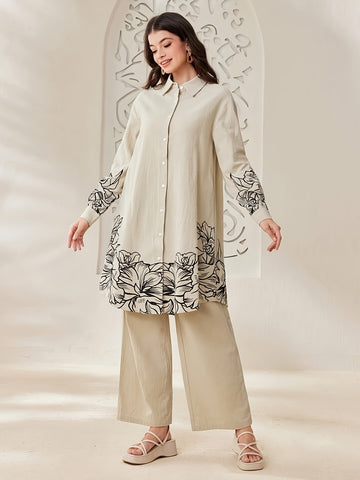 YT309 Women'S Elegant and Fashionable Floral Print Long Sleeve Shirt and Pants Set for Spring, Summer, Autumn