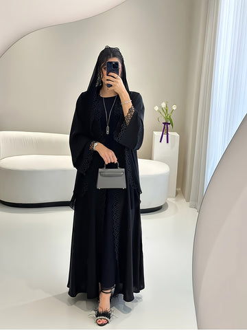 2pcs Set with Lace Trim Muslim Kaftan Plus Sleeveless Vest Skirt, / MH