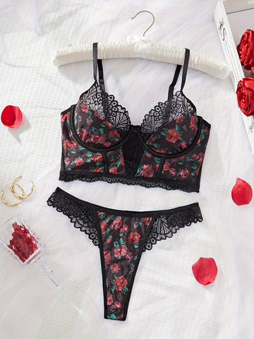 Elegant Rose Print Lingerie Set, Floral Lace Detail, / MH