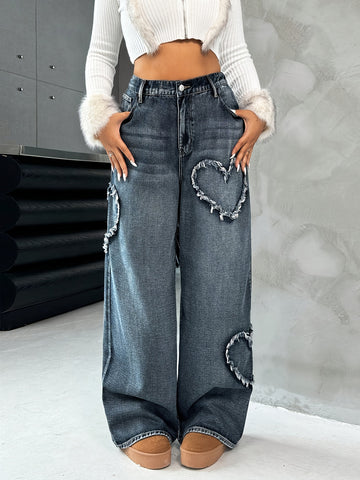 Women's 2025 New Heart-Shaped Straight-Leg Wide-Leg Jeans - Elegant Water-Washed Denim, Machine Washable All-Season Versatile Casual Pants