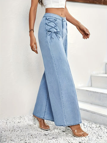 Stretch Front Tie Wide-Leg Jeans - A Stylish and Vintage-Inspired Pair with High-Waisted Cut, Elastic Fabric, and Front Tie Detailing for a Perfect Blend of Retro and Modern Appeal, 3% Spandex for Stretchy Denim Feel