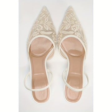 ZA2025 Women's Elegant Summer Mule Sandals - Champagne Embroidered Mesh Cap Toe, Stiletto High Heel, PU Cover Upper & Rubber Sole, Full Coverage Ankle Support for Weddings, Parties, Formal Events, Wedding Shoes, Wedding Guest