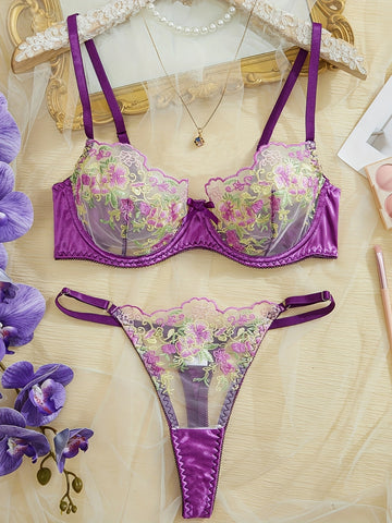 Sexy Floral Embroidery Semi Sheer Bra & Panty, /MH