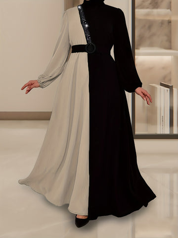Color Block Long Sleeve Kaftan Dress, /MH