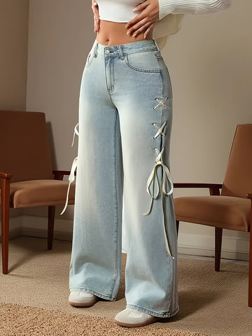 Side Bow Tie Straight-Leg Casual Jeans for Women