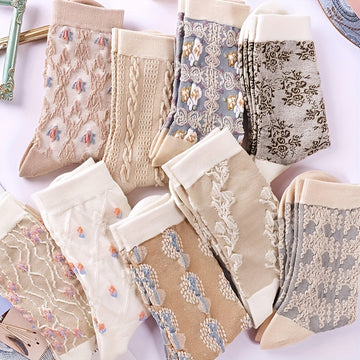 9 Pairs Floral Pattern Socks, Comfy & Breathable Mid Tube Socks, Women's Stockings & Hosiery