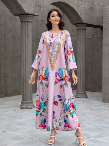 1pc Elegant Floral Abaya Dress for Women, Long Sleeve '/MH
