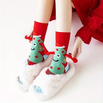 Cozy Magnetic Hand-Holding Christmas Socks for Couples - Cute & Warm Mid-Calf, Red Knit Polyester