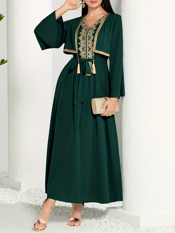 2 In 1 Lace Trim V-neck Kaftan Dress, /MH