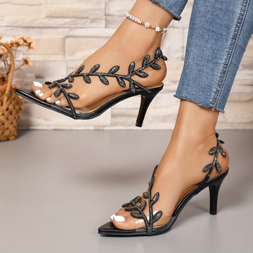 2025 Spring New Women's Rhinestone Leaf Embellished Open-Toe Stiletto Heel Sandals - Black PU Cover Elegant Party Summer Shoes with Adjustable Ankle Strap & Sparkling Accents, High Heel Sandals
