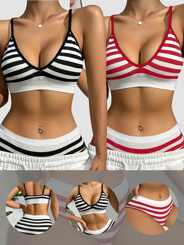 4pcs Women'S Lingerie Set Striped Suspenders Thin Underwear '/MH