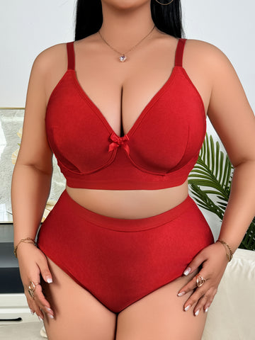 Women'S Plus Size Sexy Lingerie Set - Red V-Neck Bra and Panty Set'/MH