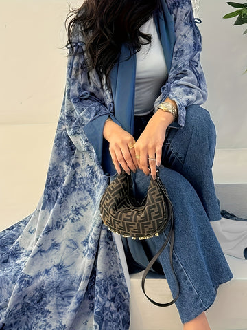 Women'S Elegant Blue Floral Print Chiffon Abaya with Golden Accents - / MH