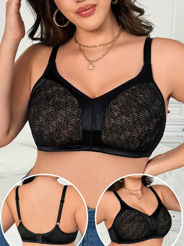 Plus Size Wireless Strapless Bra - No Underwire, Geometric Lace Detailing, /MH