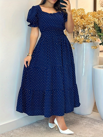 Women's Navy Blue & White Polka Dot Puff Sleeve A-Line Dress with Adjustable Waist Belt - Square Neck Casual Vacation Dress for Spring/Summer, Resort Wear, Casual Summer Dresses, Comfortable Heels