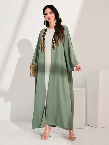 Geo Embroidery Contrast Tape Panel Kaftan Dress, /MH