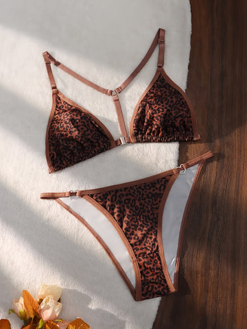 Sexy Lingerie Set, Leopard Print Front Closure Cami Bra & Panties, /MH