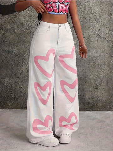 One Pair of Stylish Heart-Printed Women's Straight-Leg Pants