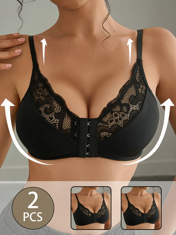 Two-Pack Sexy Contrast Lace Breathable Front-Button Bra with Seamless Back and Thin Straps, Wire-Free Cupless Women's Lingerie
