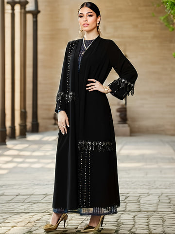 Open Front Rhinestone Decor Kaftan Dress, Elegant Long Sleeve '/MH