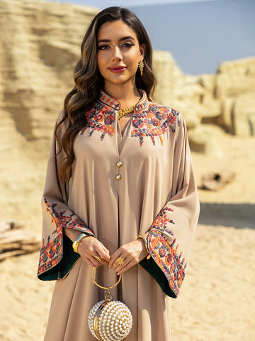 Elegant Jalabiya Dress for Muslim Women - Beige with Intricate Embroidery, Long Sleeve, Casual Style, All-Season Wear, Embroidered Dress | Elegant Jalabiya | Embroidered Dress