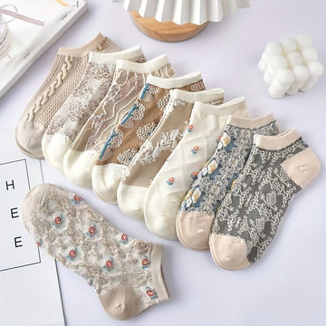 9 Pairs Vibrant Floral Print Low Cut Ankle Socks - Soft, Lightweight, Breathable, Retro Style Women's Stockings & Hosiery for Everyday Wear