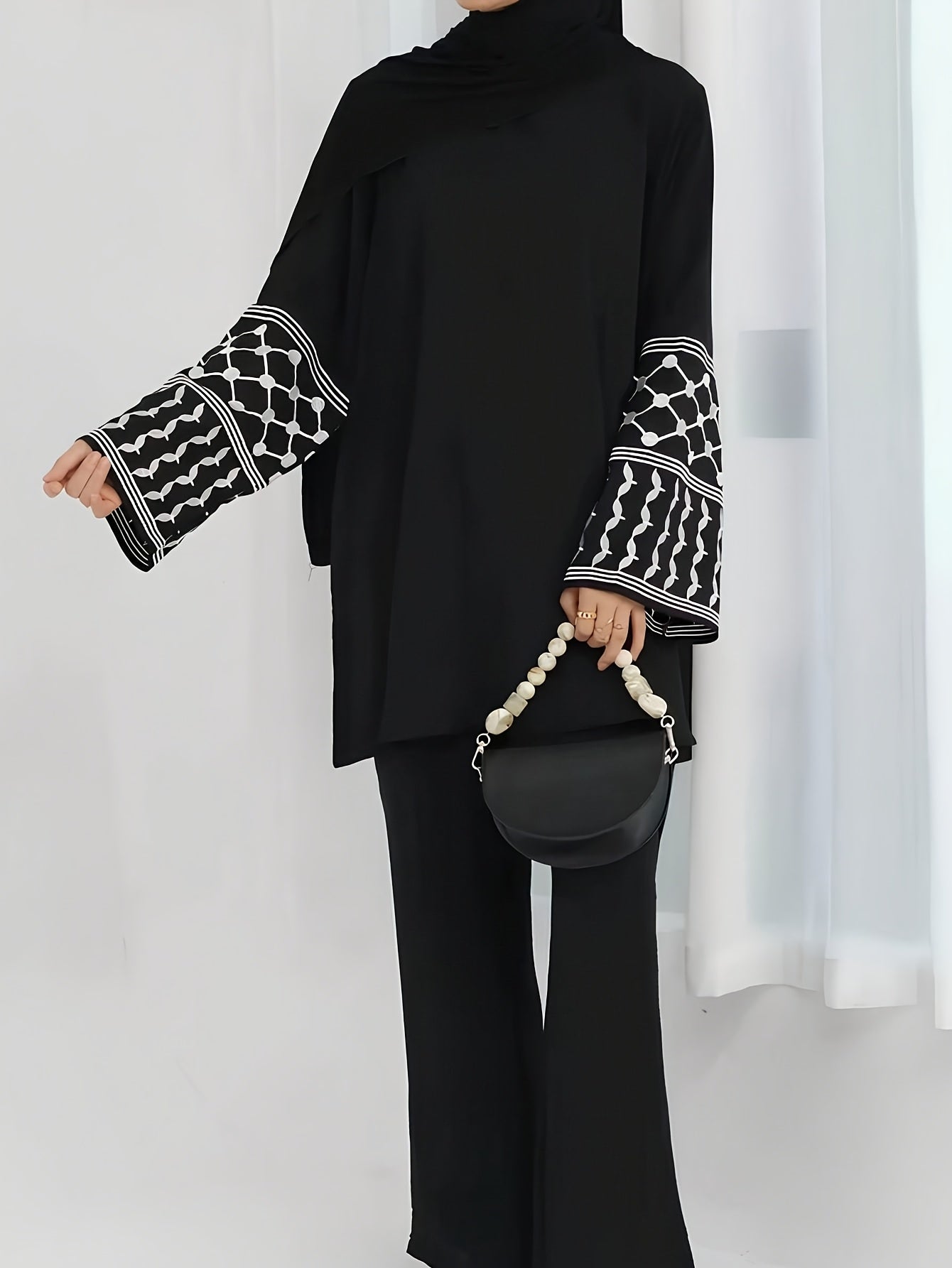 Women'S Arab Dress Set! Black Ethnic Embroidered Outfit with Pants + Embroidered Round Neck Top, No Headscarf