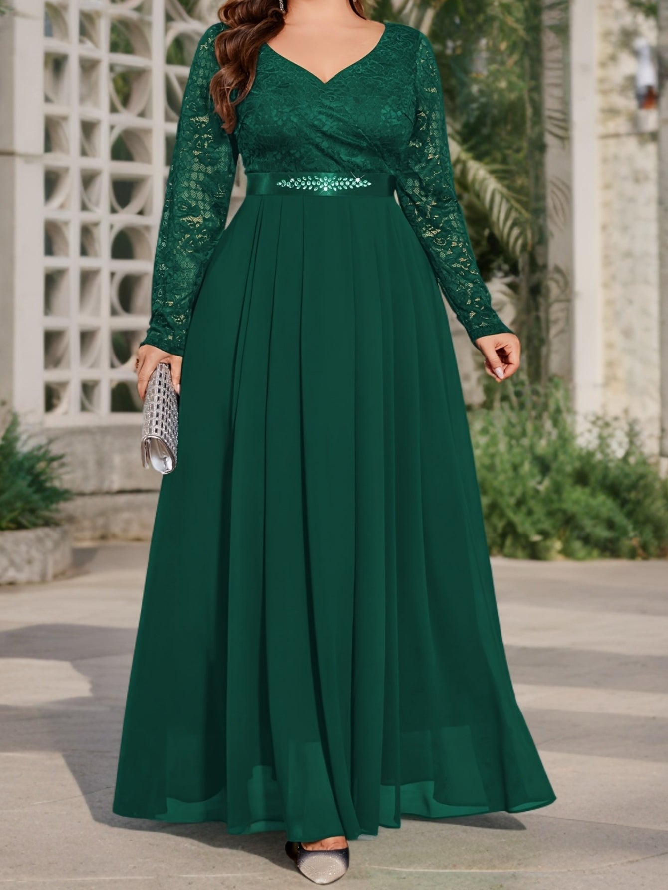 [Elegant Long Dress] Lace and Chiffon Elegant Long Dress for Women | Plus Sizes, Beaded Details at The Waist, Perfect for Parties And Special Occasions