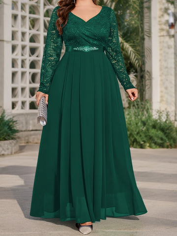 [Elegant Long Dress] Lace and Chiffon Elegant Long Dress for Women | Plus Sizes, Beaded Details at The Waist, Perfect for Parties And Special Occasions