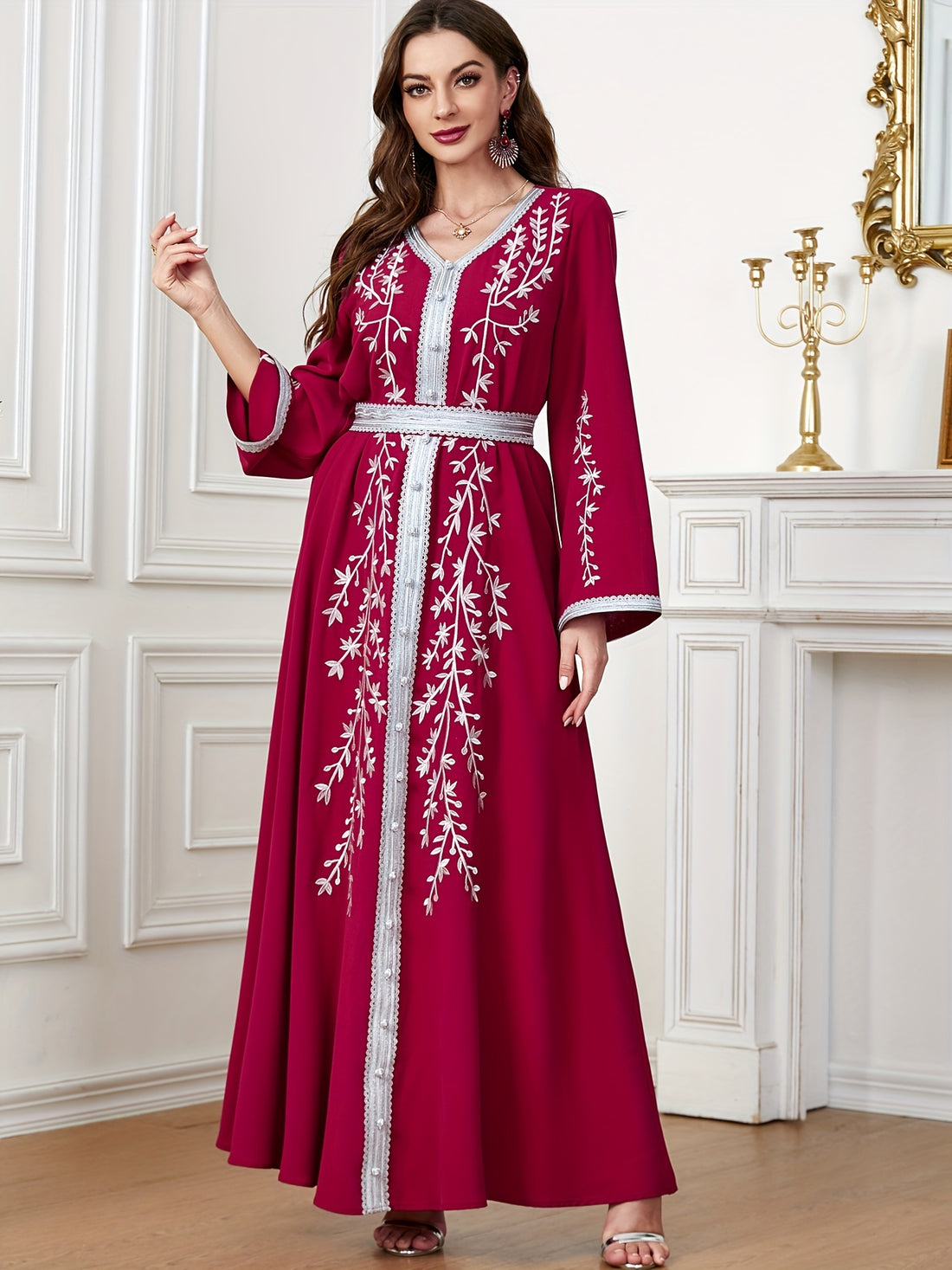Floral Pattern Kaftan Dress, Elegant V Neck '/MH